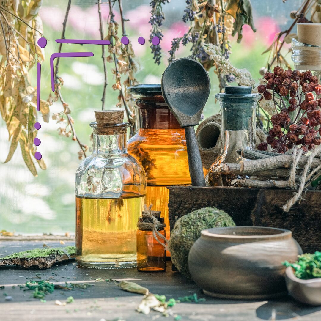 a collection of herbs, oils, liquids, bowls, spoons, berries, pieces of wood, twine