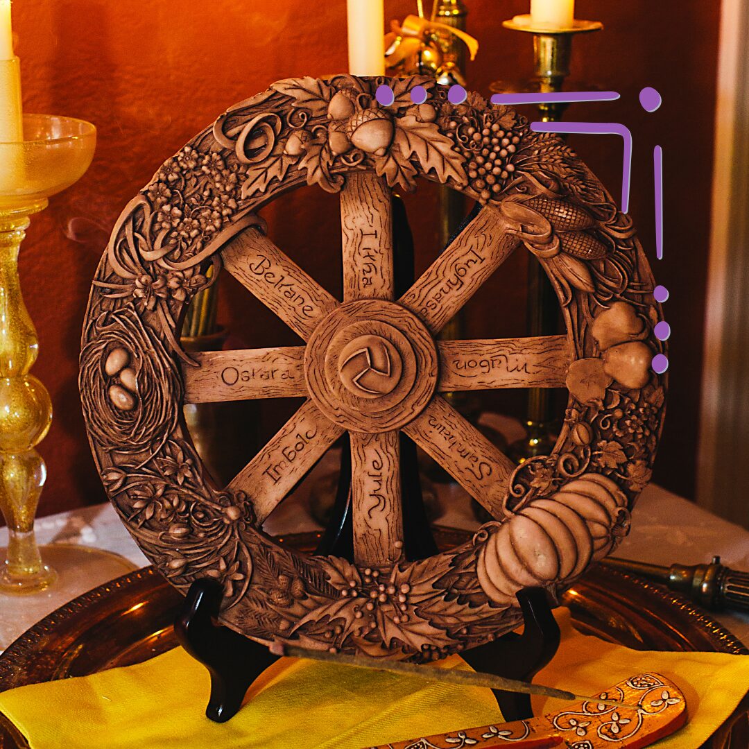 a carved wooden Wheel of the Year with seasonal elements