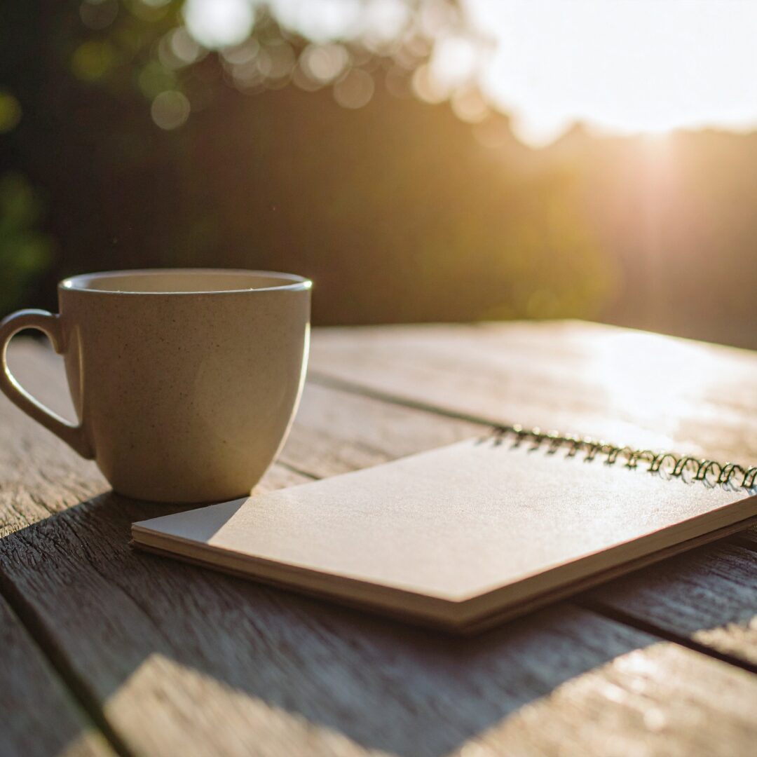 A blank open book and a teacup sit on an outdoor wooden table in early morning sunlight