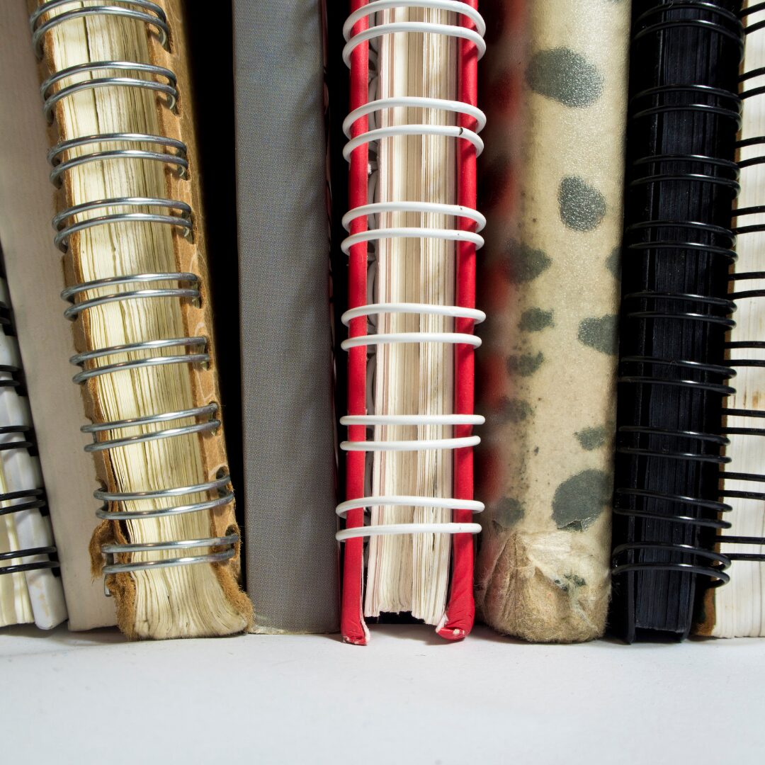 spine view of a collection of notebooks on a shelf, some showing age