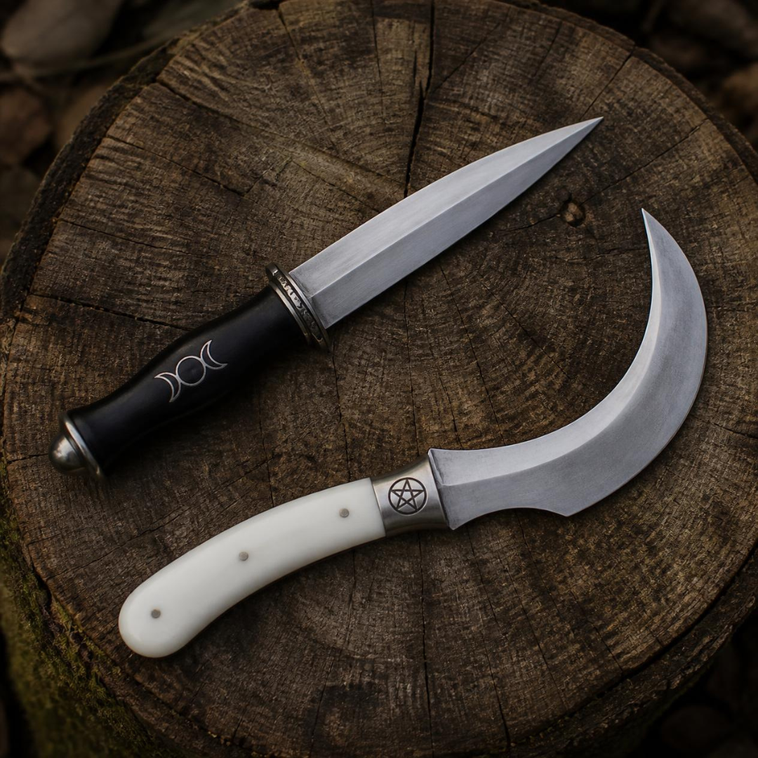 a black handled athame next to a white handled boline