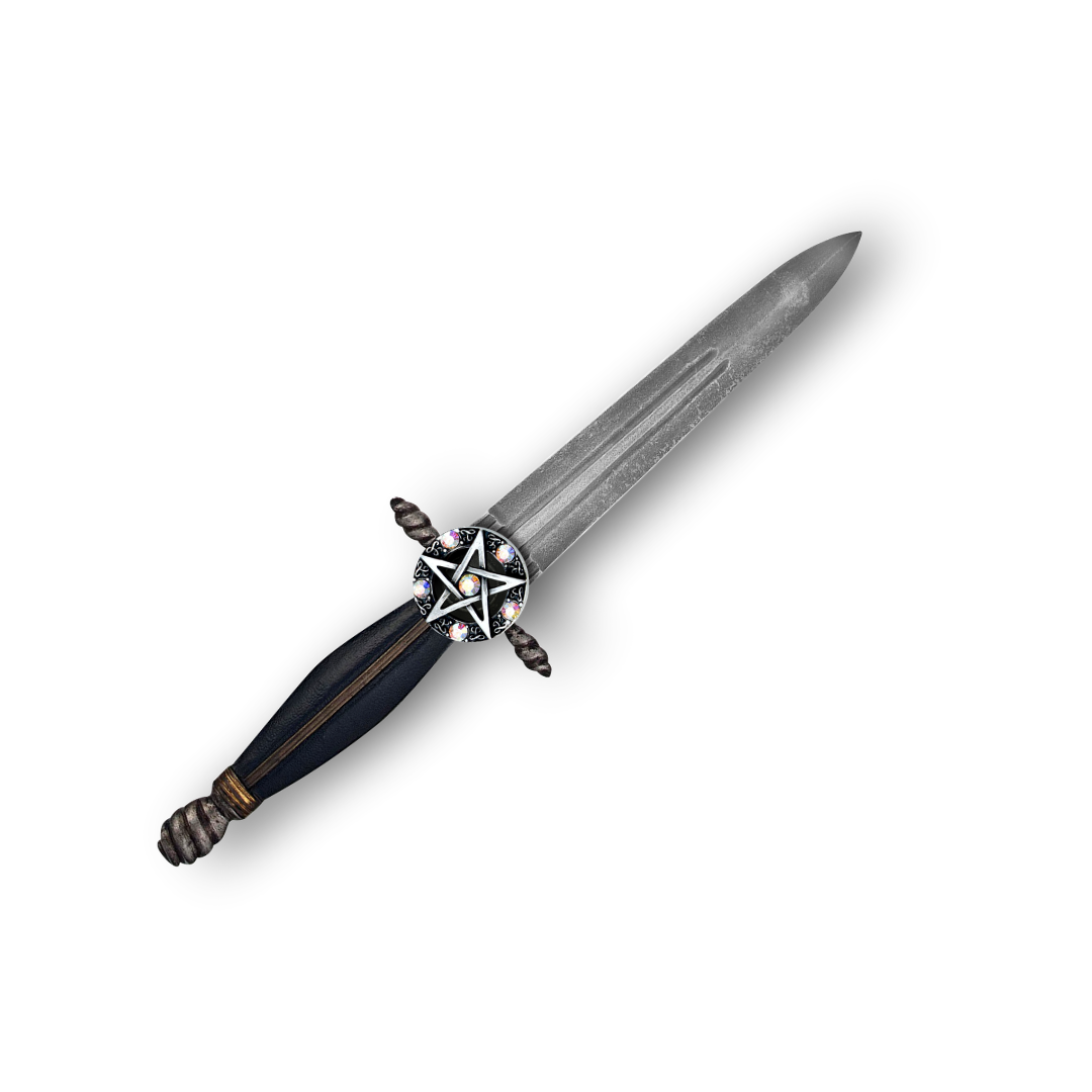 an athame, black handled, double sided blade, with a pentacle on the tang