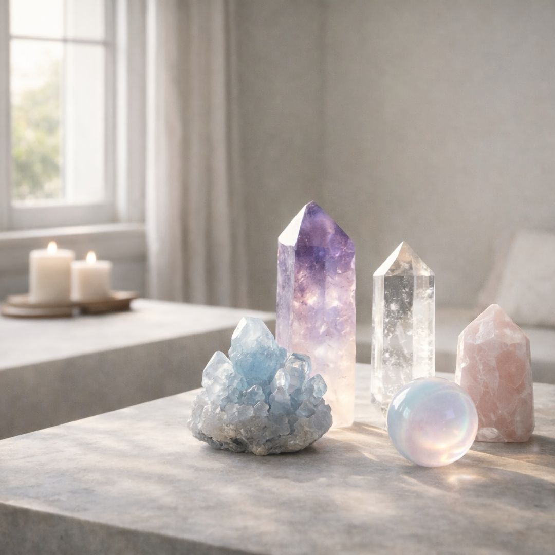 a selection of crystals sit in sunlight on a table.
