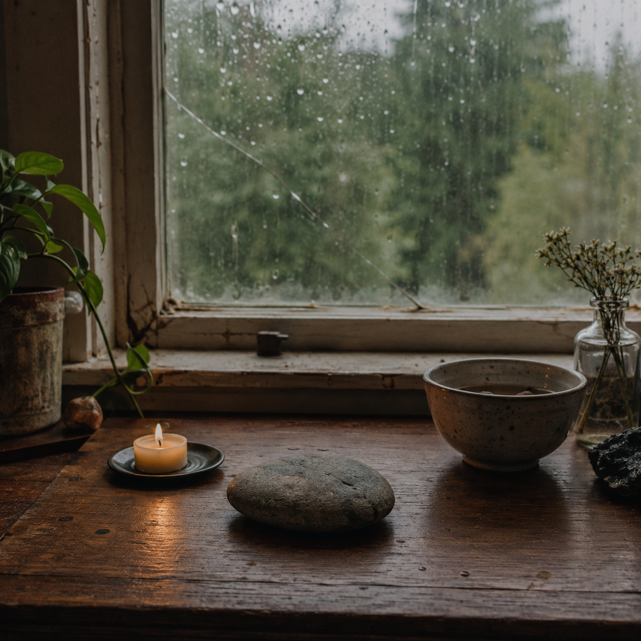 A candle, stone, and bowl sit on a table next to a window on a rainy day.