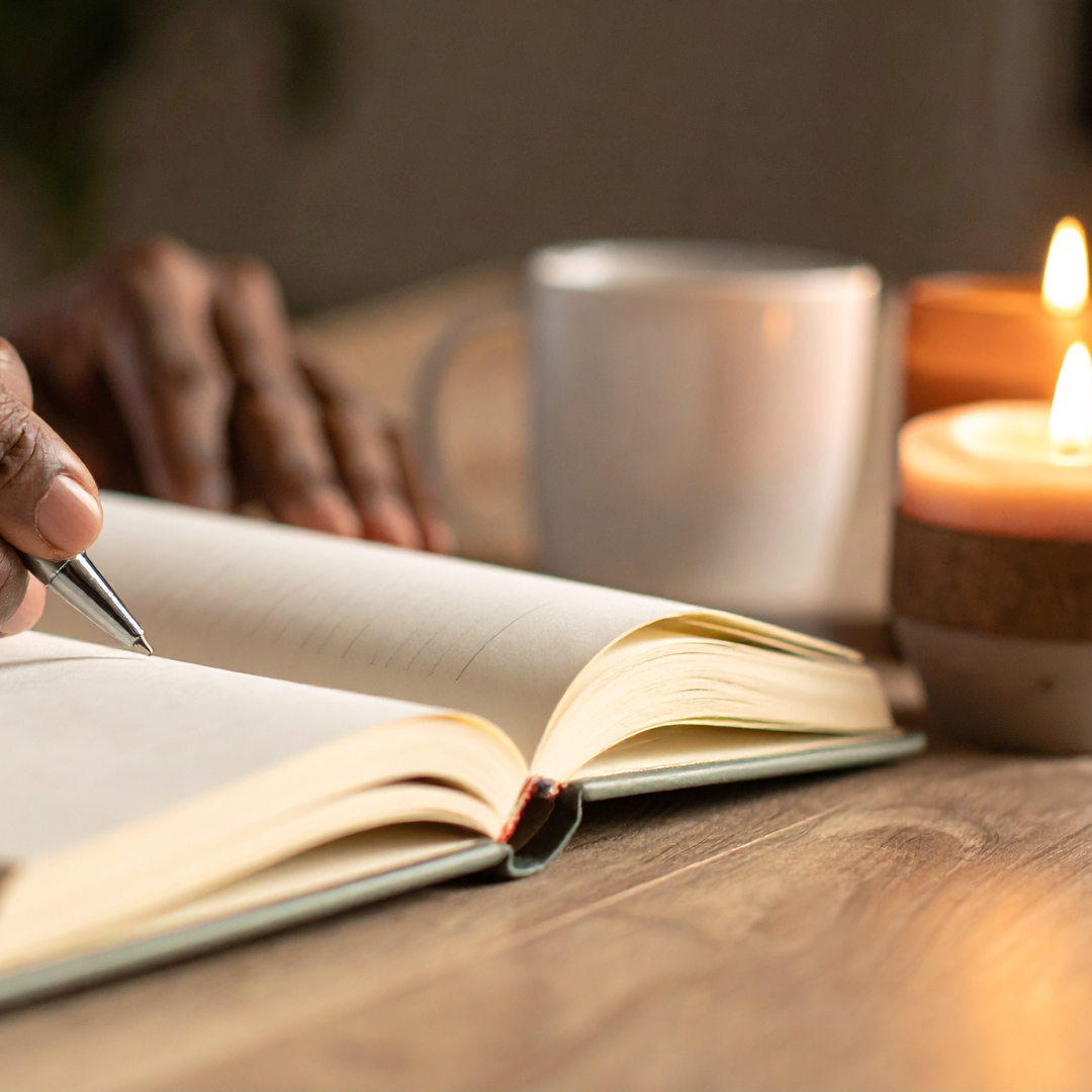 Someone is writing in a journal, with candles and a mug at hand.